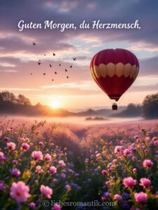 Roter Heißluftballon schwebt über blühendes Feld mit rosa-lila Blumen bei Sonnenaufgang.