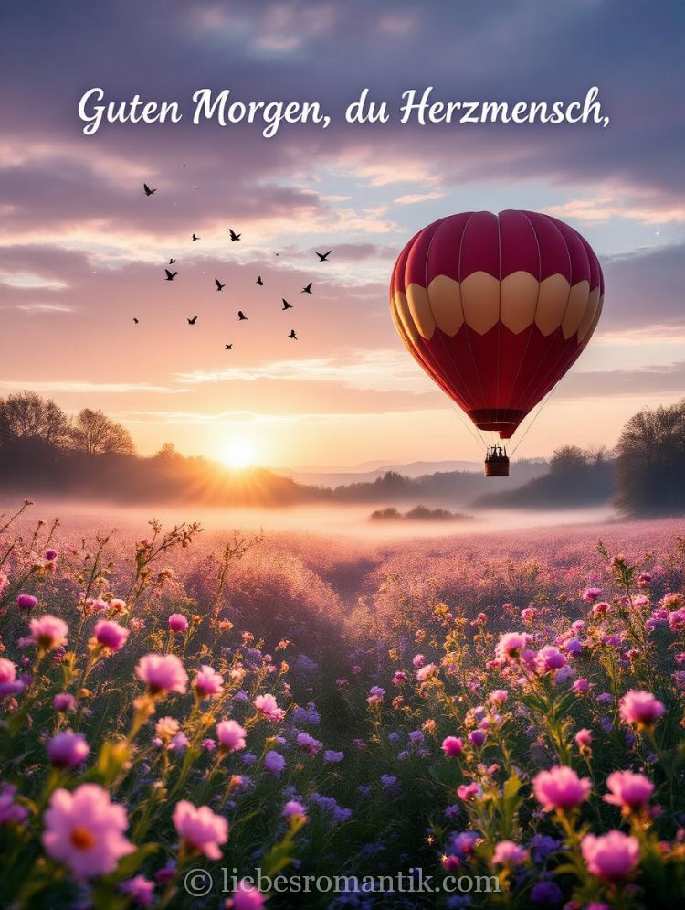 Roter Heißluftballon schwebt über blühendes Feld mit rosa-lila Blumen bei Sonnenaufgang.