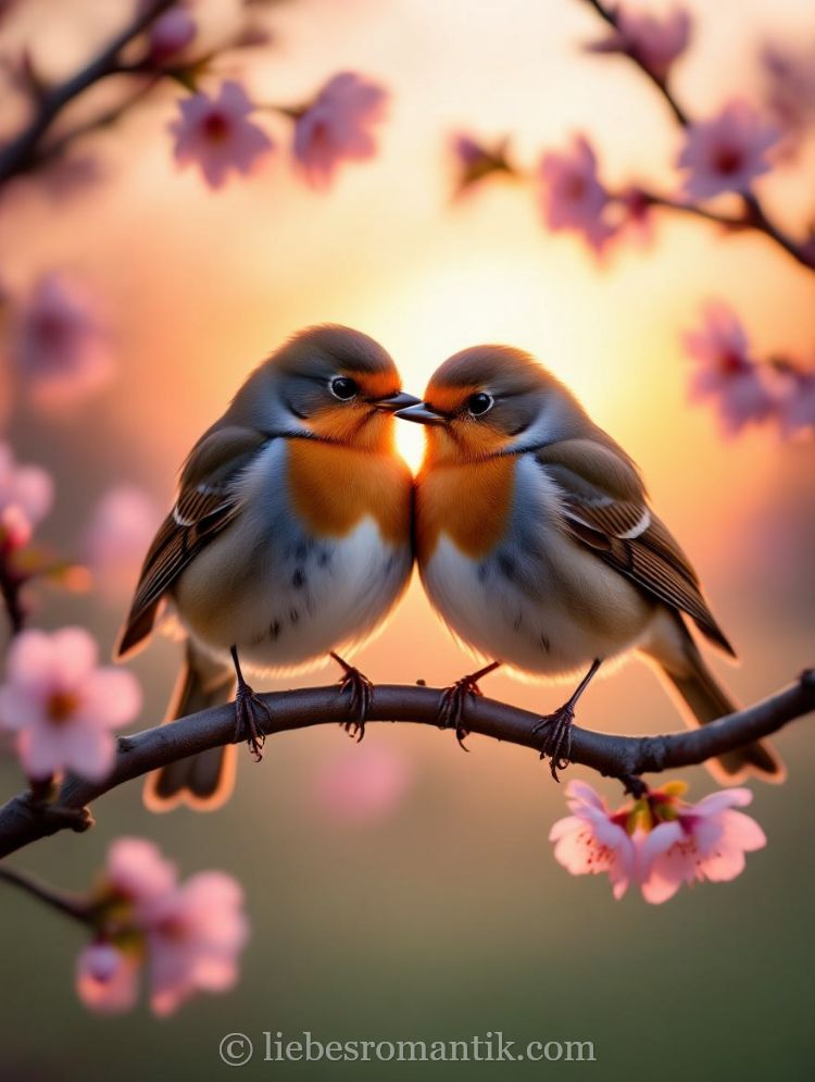 Zwei kleine Vögel berühren sich zärtlich auf einem Ast, umgeben von rosa Kirschblüten vor Sonnenuntergang.