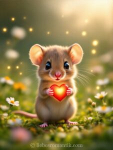 Kleine braune Maus hält rotes Herz, blickt direkt in Kamera.