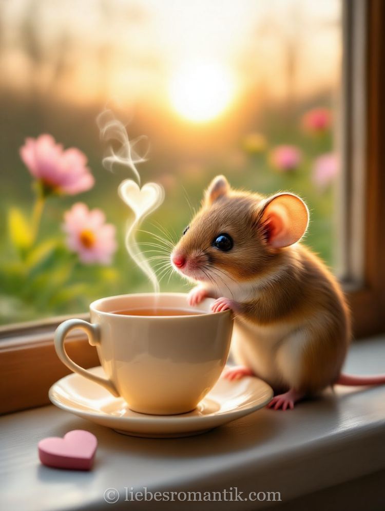 Mäuse sitzt auf Sims, trinkt heiße Tasse, Dampf bildet Herz, rosa Blumen im Hintergrund.