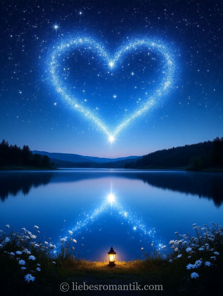 Herz aus Sternen reflektiert im See, Laterne mit Blumen am Ufer, romantische Nachtstimmung.