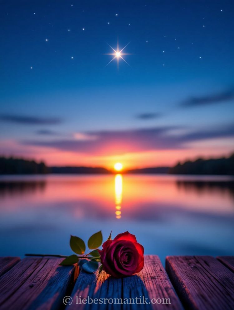 Rote Rose auf Holzbrücke vor See bei sternenklarem Sonnenuntergang