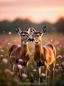 Zwei junge Hirsche berühren Nasen in rosa Blumenwiese bei warmem Abendlicht.