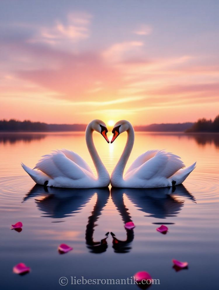 Zwei weiße Schwäne schwimmen und bilden ein Herz mit ihren Hälften, Spiegelbilder im Wasser, rosa Blüten, warmes Abendlicht.