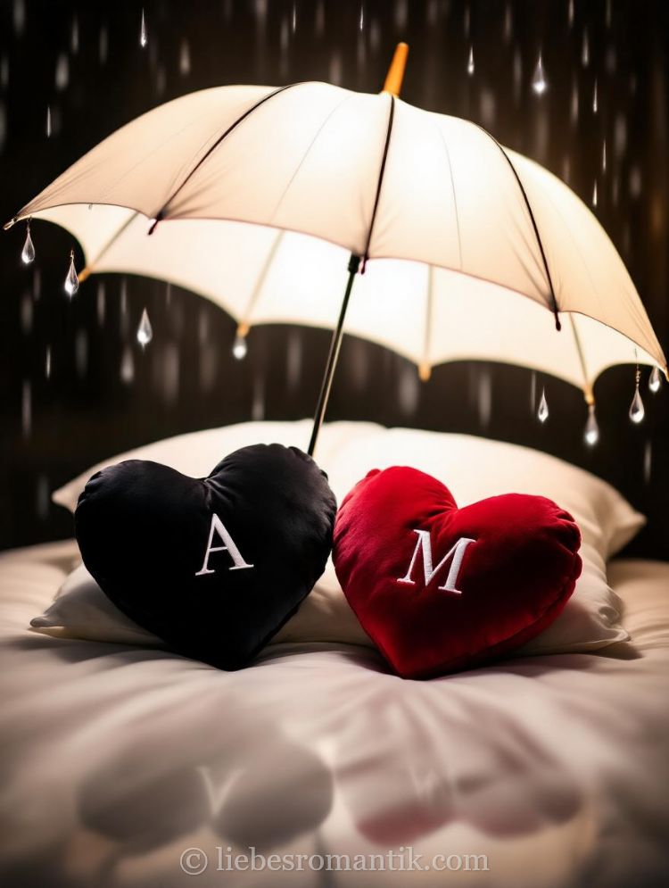 Zwei Herzkissen mit Initialen A und M liegen unter einem Regenschirm, während Regentropfen im Hintergrund fallen.
