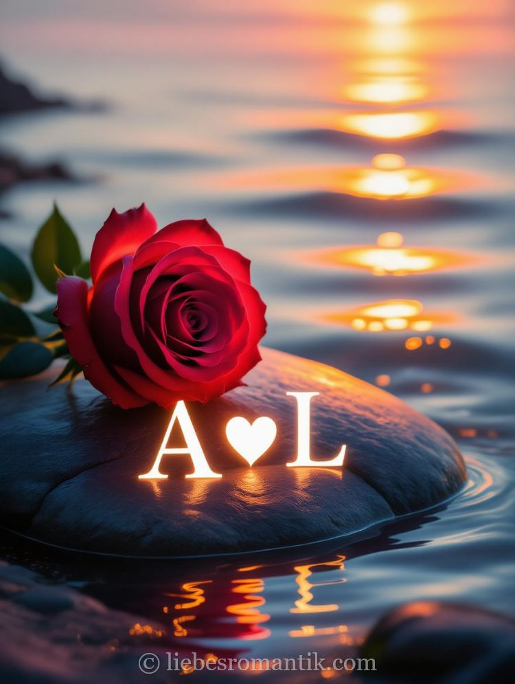 Rote Rose auf Stein mit „AL“ und Herz im Wasser bei Sonnenuntergang.