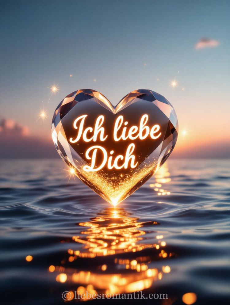 Kristallhartes Herz mit „Ich liebe Dich“ reflektiert Sonnenuntergangslicht über Wasser