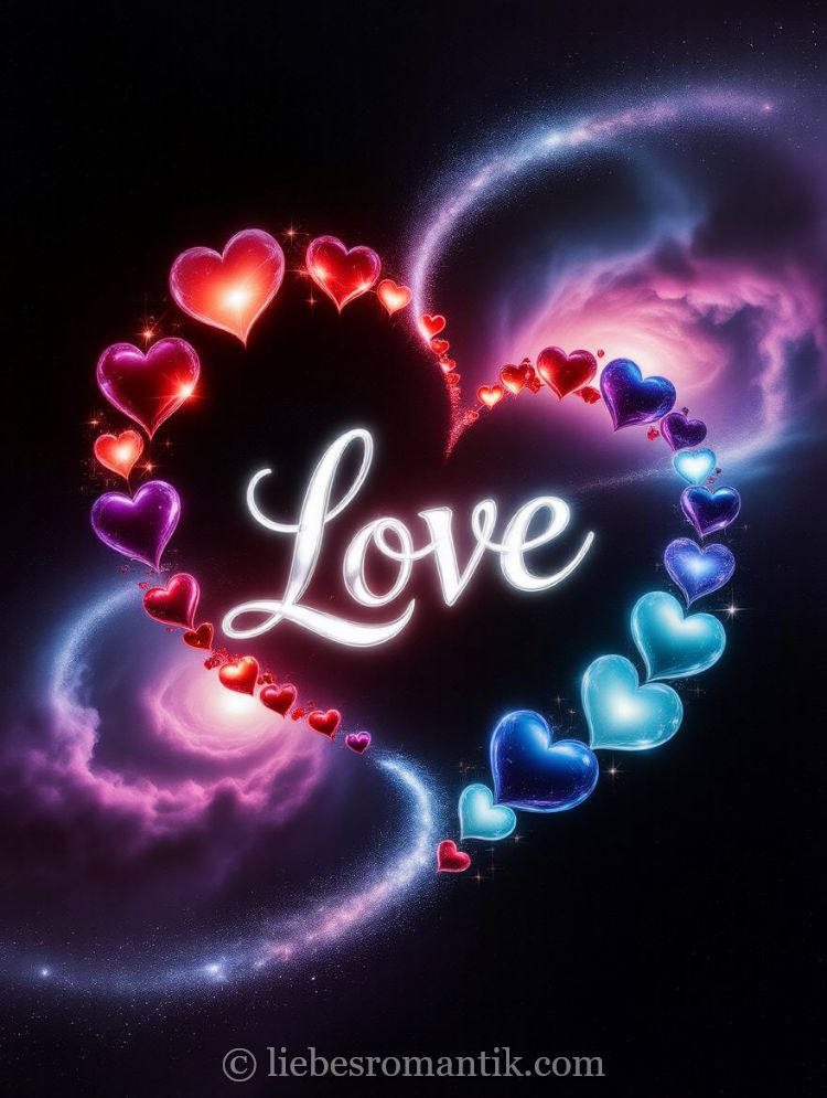 Großes Herz aus farbigen Herzen umschließt „Love“, vor spiralförmigen Galaxien in Lila und Blau.
