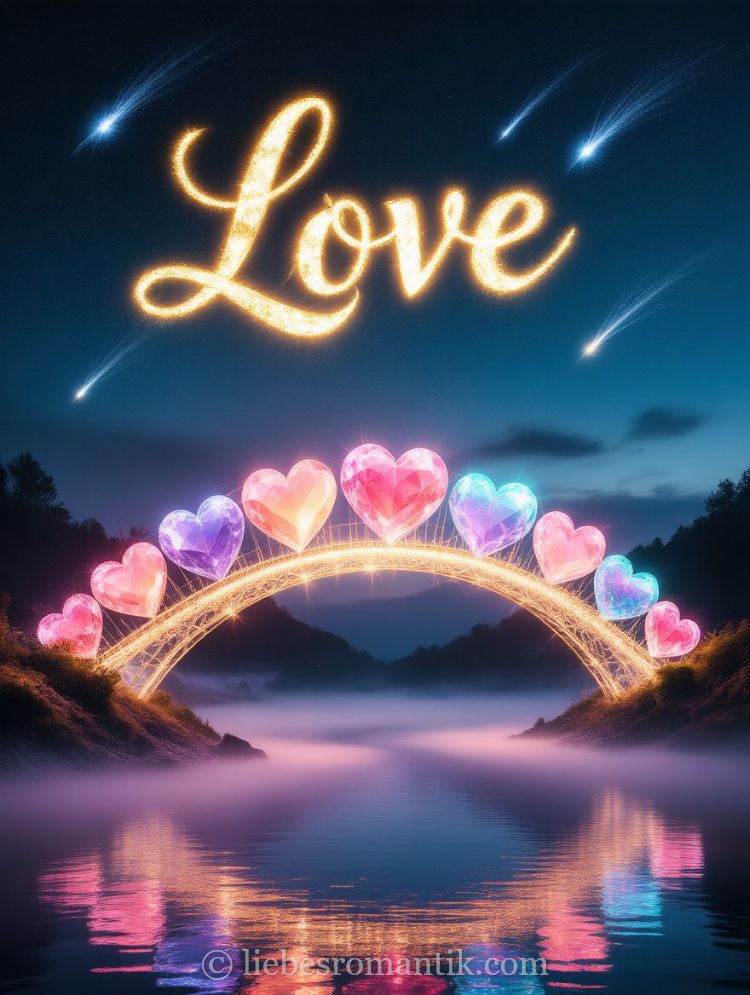 Leuchtende Brücke mit Herzen überspannt Fluss. „Love“ schwebt über Sternennacht.