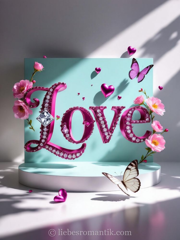 Großes „Love“-Schild mit Diamanten, Rosen und Schmetterlingen auf Podest – romantisch und farbenfroh