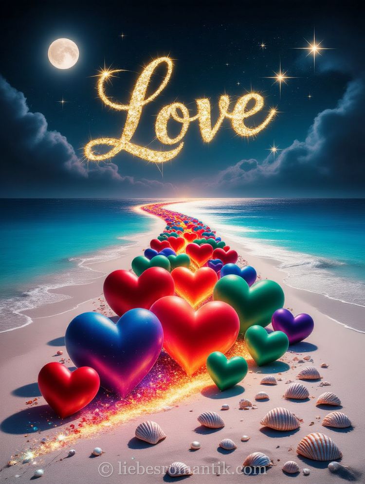 Pfad aus bunten Herzen führt vom Strand ins Meer unter Sternen und Mond, mit goldenem „Love“-Schriftzug.