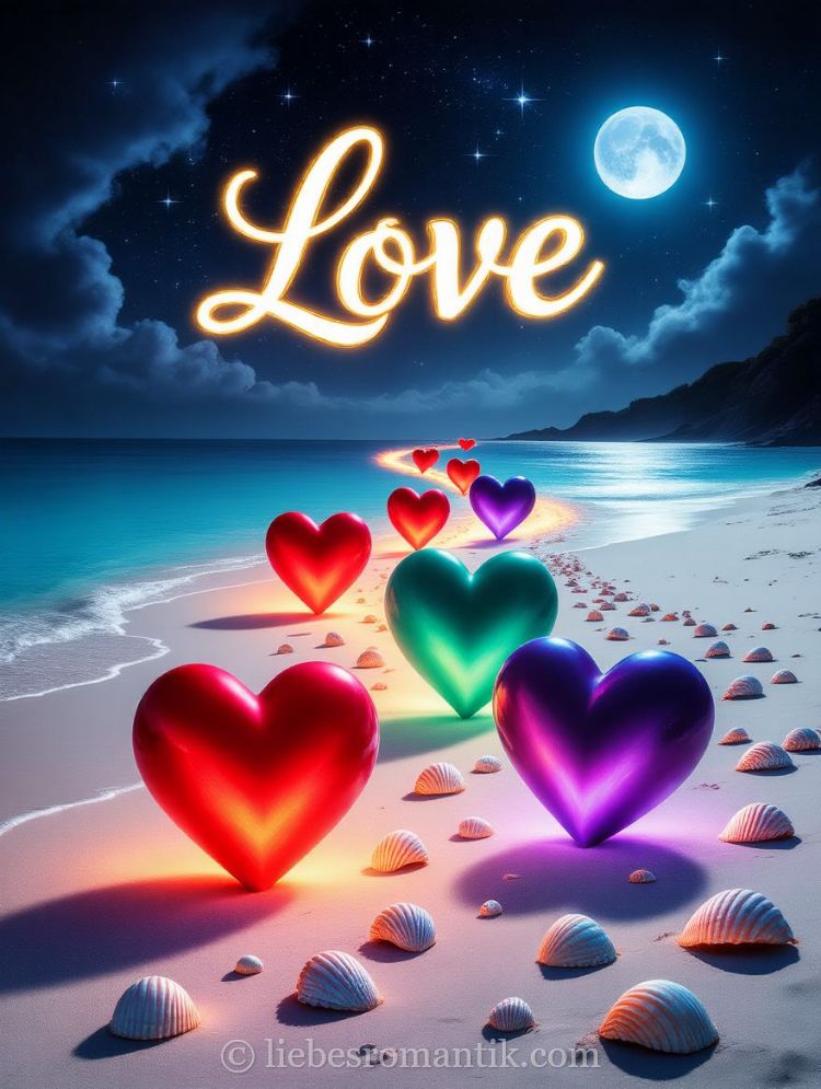 Bunte, leuchtende Herzen liegen am Strand unter Sternenhimmel mit Mond und goldenem „Love“-Schriftzug.