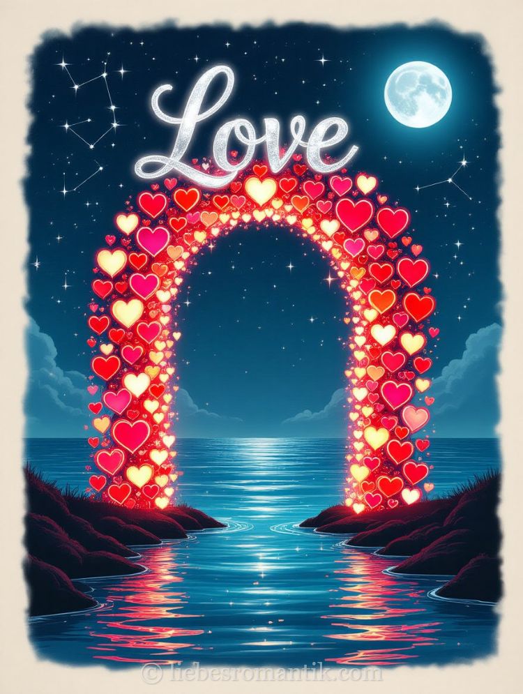 Bunter Herzbo gen über Wasserweg, beleuchtet von Mond und Sternen, mit „Love“-Schrift.