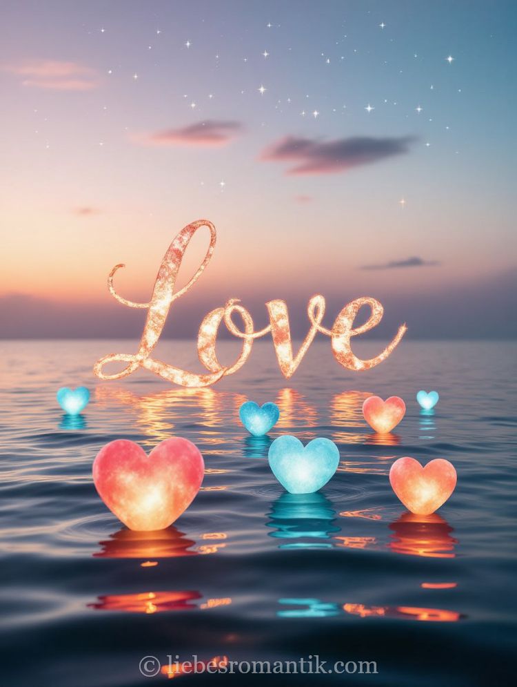 Goldene „Love“-Aufschrift über ruhigem Wasser, leuchtende Herzen in Rot und Blau, sternenklarer Himmel