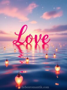 „Love“ im Wasser reflektiert, herzförmige Laternen schwimmen, sternenklarer Himmel mit Rosa- und Blautönen