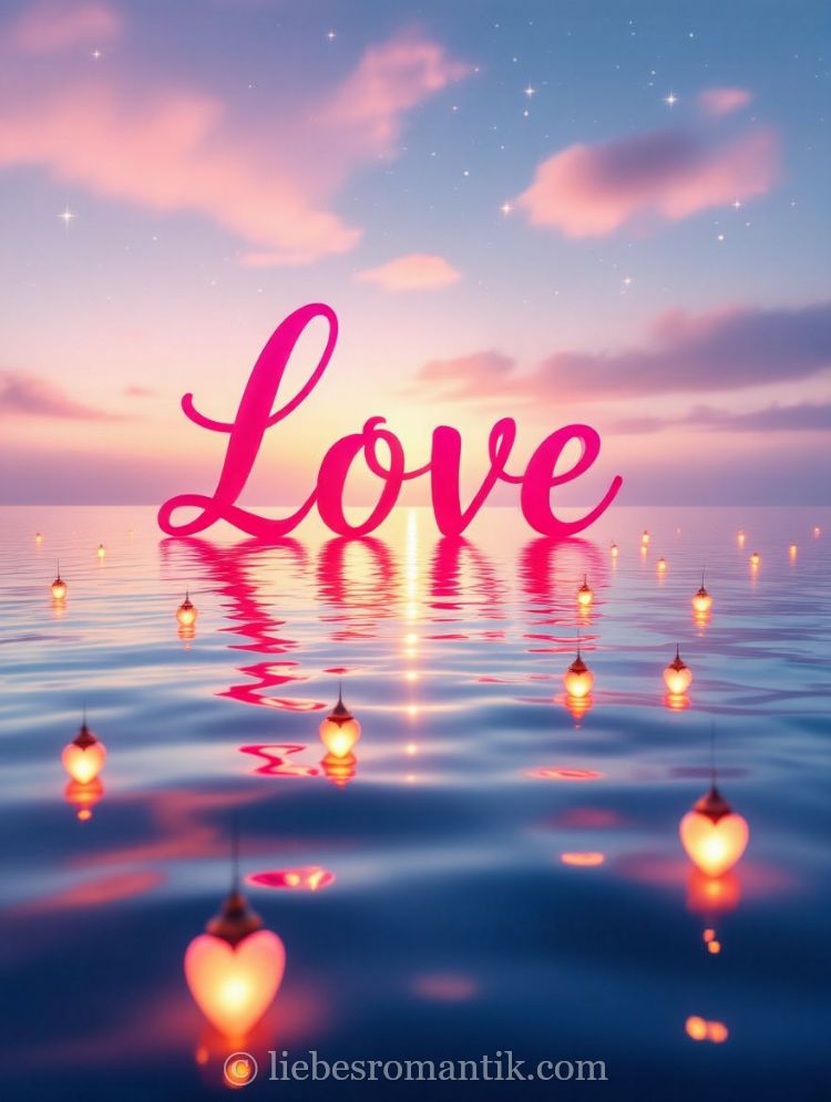 „Love“ im Wasser reflektiert, herzförmige Laternen schwimmen, sternenklarer Himmel mit Rosa- und Blautönen