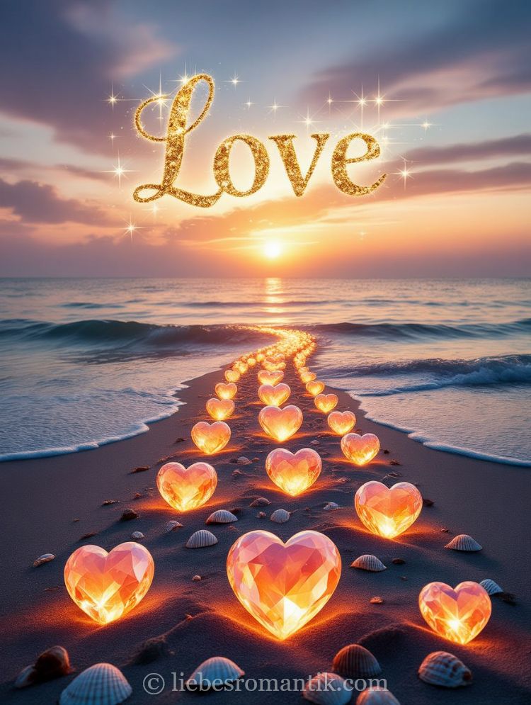 Pfad aus herzförmigen Lichtern führt vom Wasser zum Horizont, „Love“ schwebt goldfarben über dem Bild.