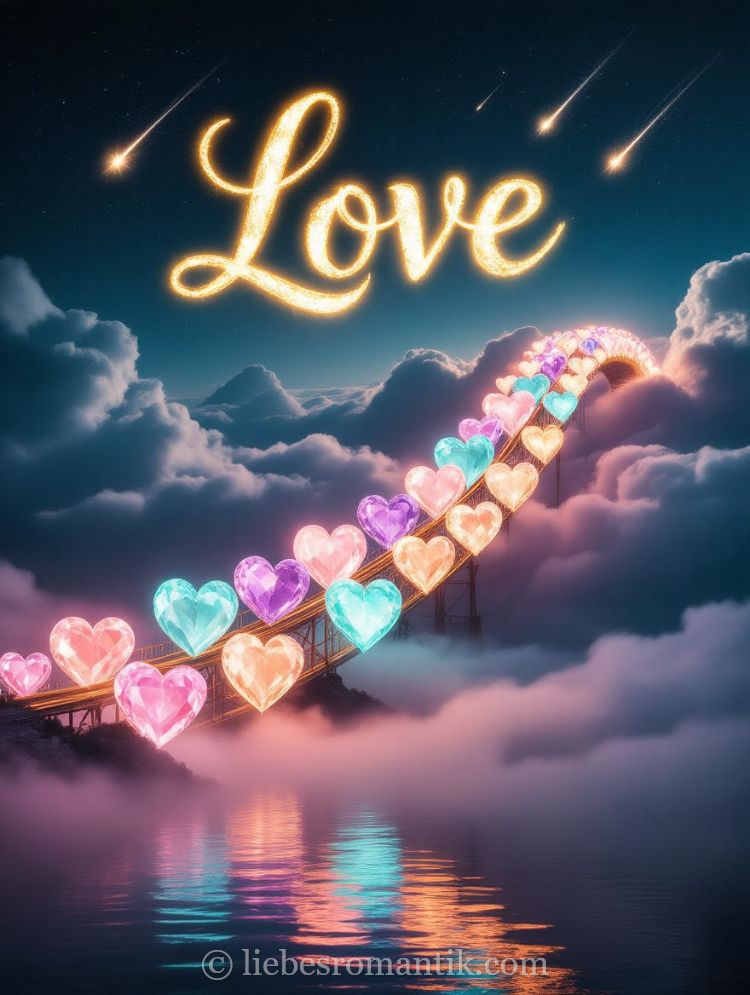 Brücke aus leuchtenden Herzen führt durch Wolken, goldene „Love“-Schrift und Sterne beleuchten den nächtlichen Himmel.