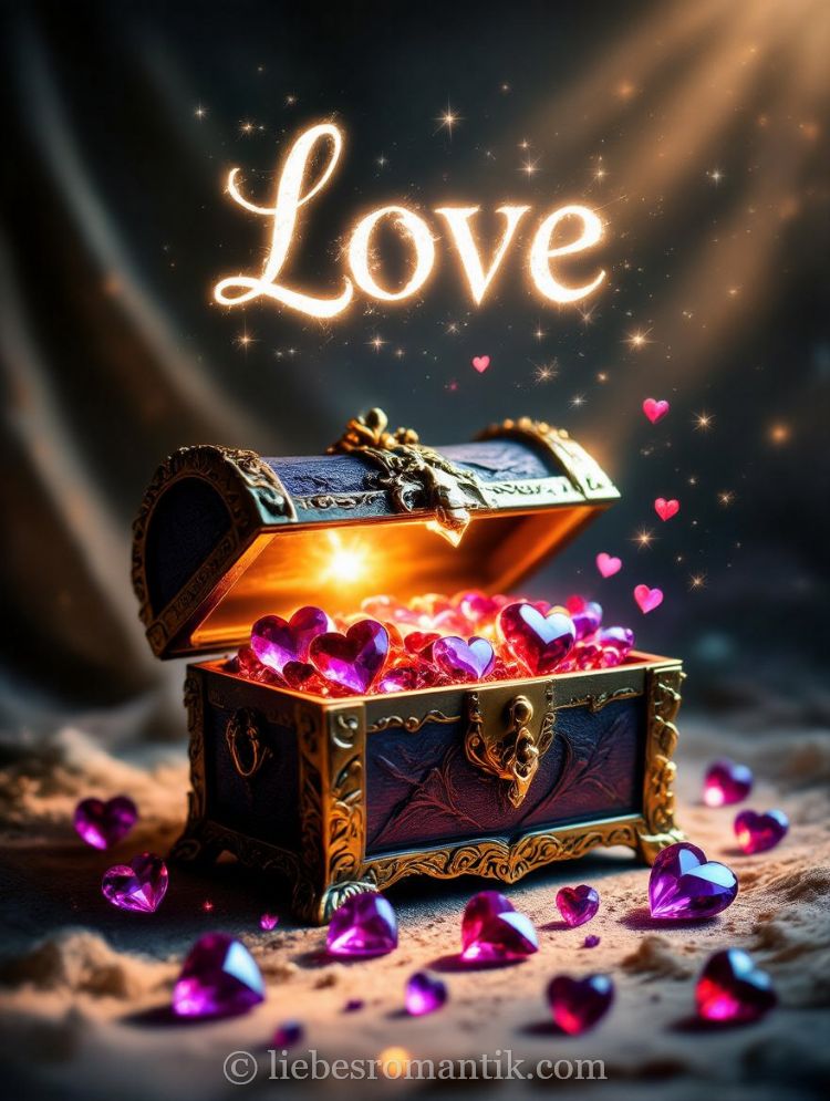 Offener Schatzkasten mit Herzsteinen, warmes Licht, „Love“-Schriftzug im Hintergrund