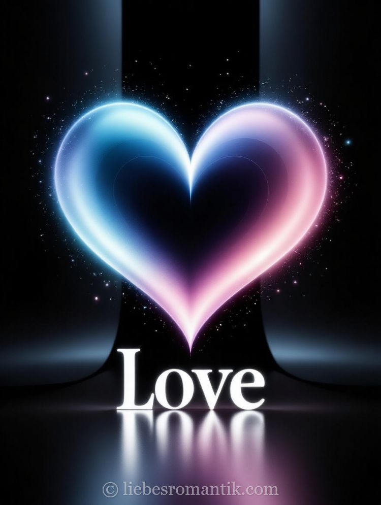 Leuchtendes Herz in Blau- und Rosatönen, umgeben von Sternen, mit „Love“-Aufschrift unten.