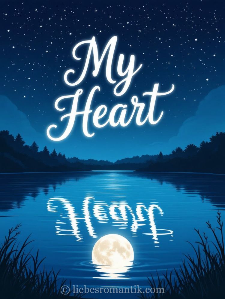 Sternenhimmel über ruhigem See mit Mond- und „My Heart“-Spiegelung, vordergründig Grashalme.