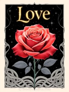 Eine rote Rose vor Sternenhimmel mit dem Wort „Love“ oben