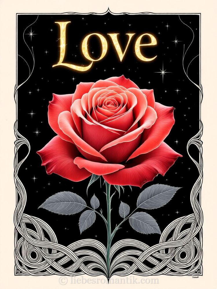 Eine rote Rose vor Sternenhimmel mit dem Wort „Love“ oben