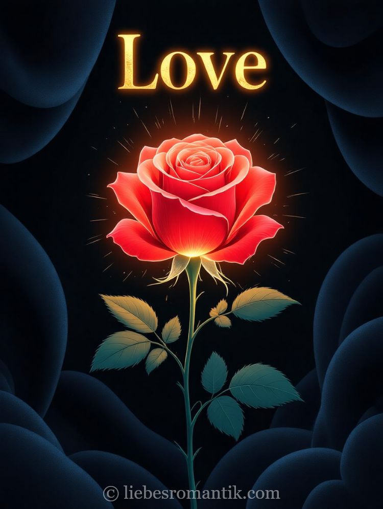 Rote Rose mit „Love“-Schrift, goldene Schrift, dunkler Hintergrund, blaue Wellen