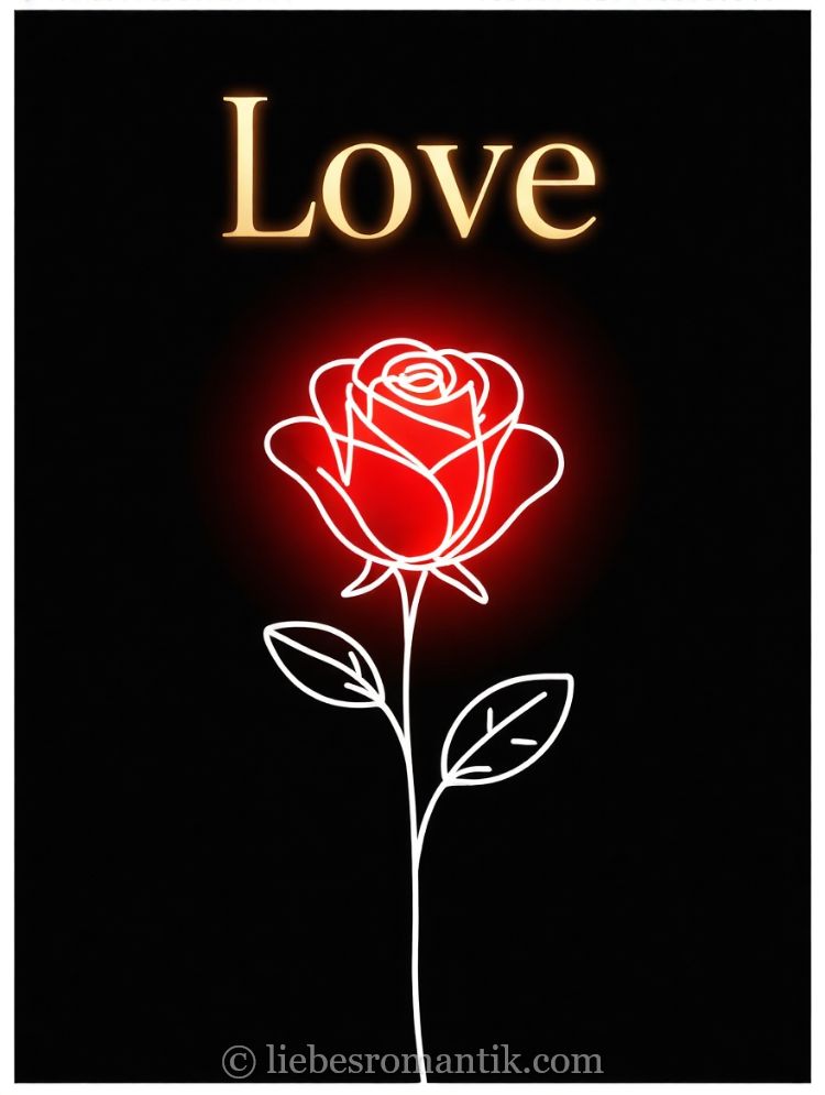 Rote Rose mit weißer Kontur und „Love“ in Gold auf schwarzem Hintergrund.