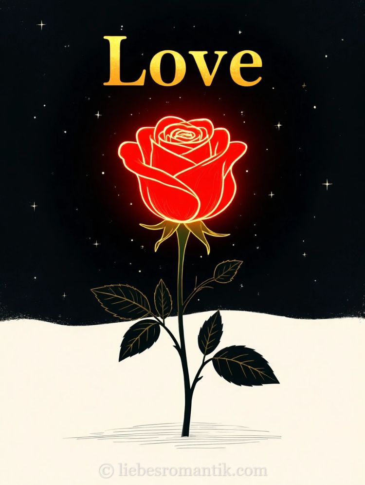 Rote Rose mit goldenem Rand vor sternenklarem Nachthimmel, das Wort „Love“ oben in Gold.