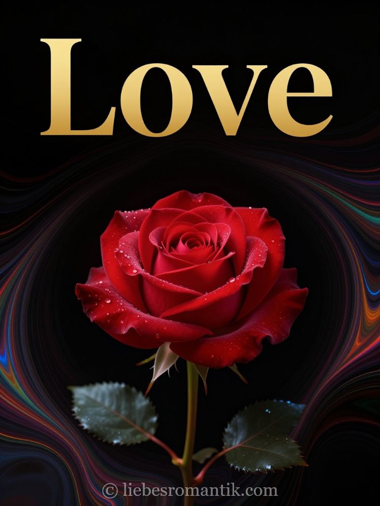 Eine rote Rose mit Tautropfen vor farbigem Hintergrund, oben „Love“ in Gold.