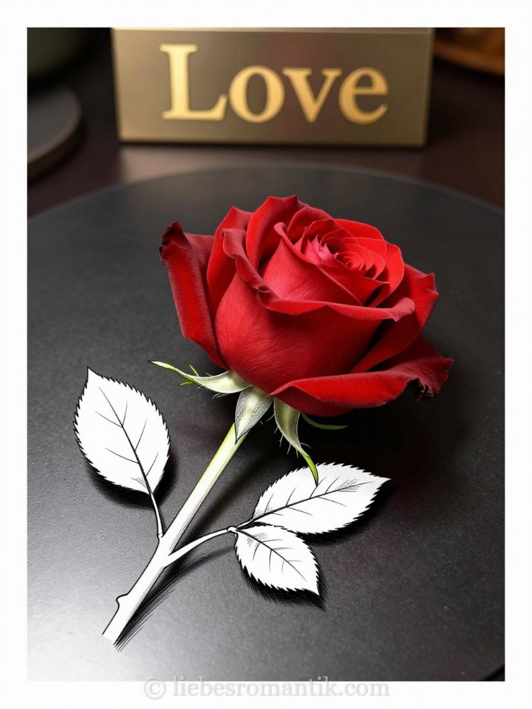 Rote Rose mit grünem Stiel auf dunkler Oberfläche, Hintergrund-Schild „Love“