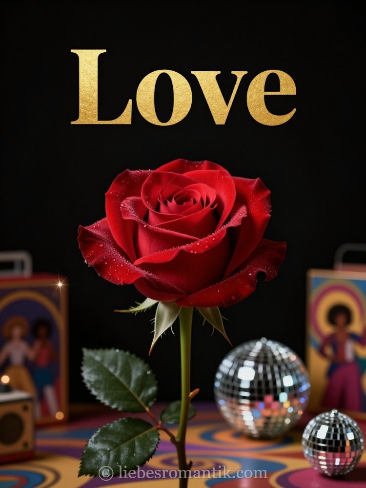 Eine rote Rose mit Tautropfen vor schwarzem Hintergrund, goldene Schrift „Love“, Spiegelscheiben und Bilderrahmen.