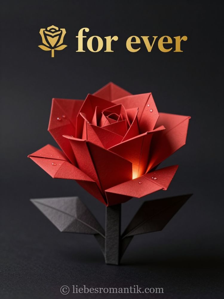 Origami-Rose mit Wasserperlen und warmem Licht auf schwarzem Hintergrund.
