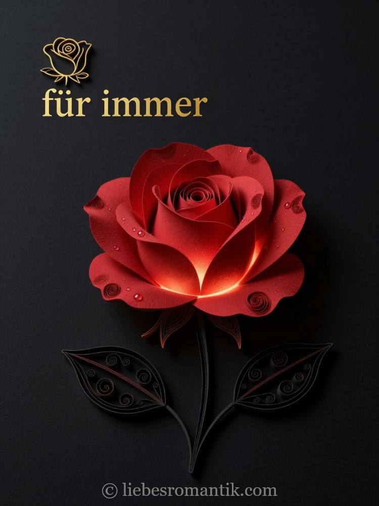 Rot gefaltete Rose mit schwarzem Stiel, warm leuchtender Blütenmitte und Tropfen.