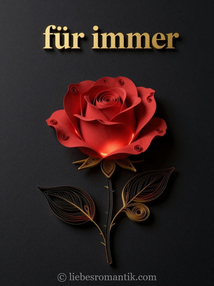 Eine kunstvoll gefaltete rote Rose mit goldenen Blättern und Stielen, beleuchtet, mit der Aufschrift „für immer“.
