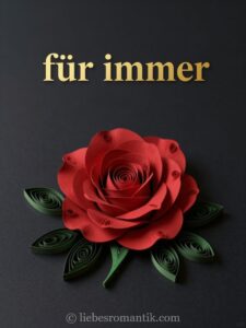 Papierrose mit grünen Blättern, goldener Schrift „für immer“ auf dunklem Hintergrund