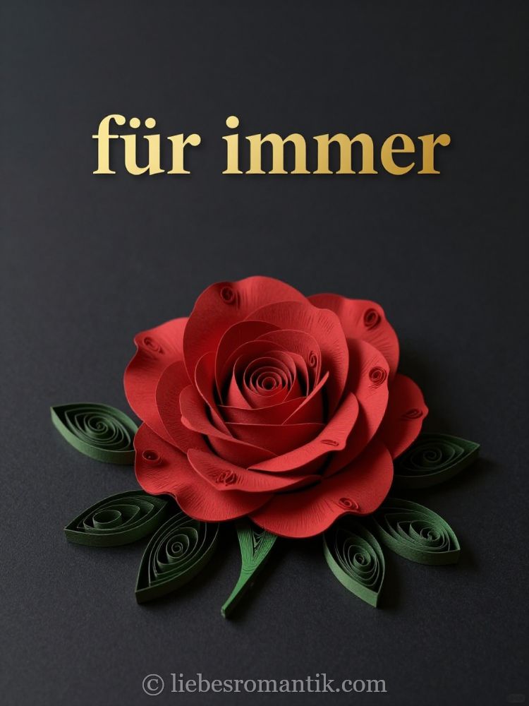 Papierrose mit grünen Blättern, goldener Schrift „für immer“ auf dunklem Hintergrund