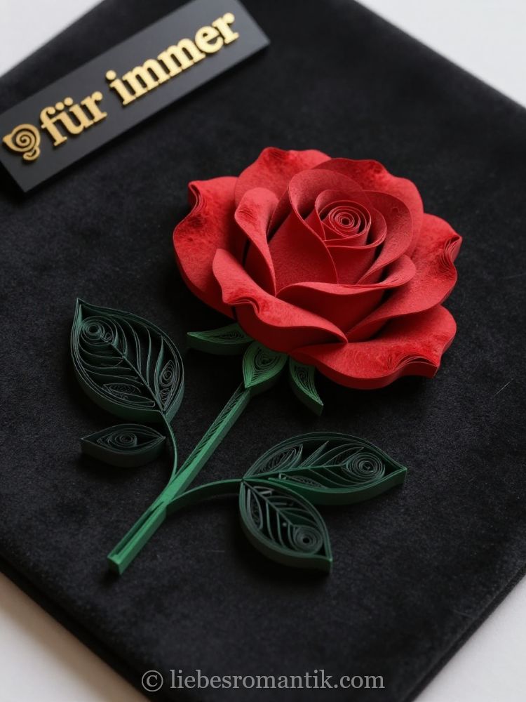 Rot gefaltete Rose mit grünem Stiel liegt auf schwarzen Samt, oben links Schild „für immer“.