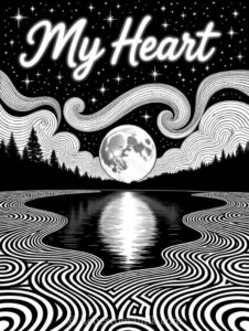 Nachthimmel mit Mond, See und Sternen. Text „My Heart“ oben. Schwarz-weiße Wellenmuster.