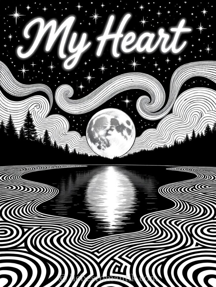 Nachthimmel mit Mond, See und Sternen. Text „My Heart“ oben. Schwarz-weiße Wellenmuster.
