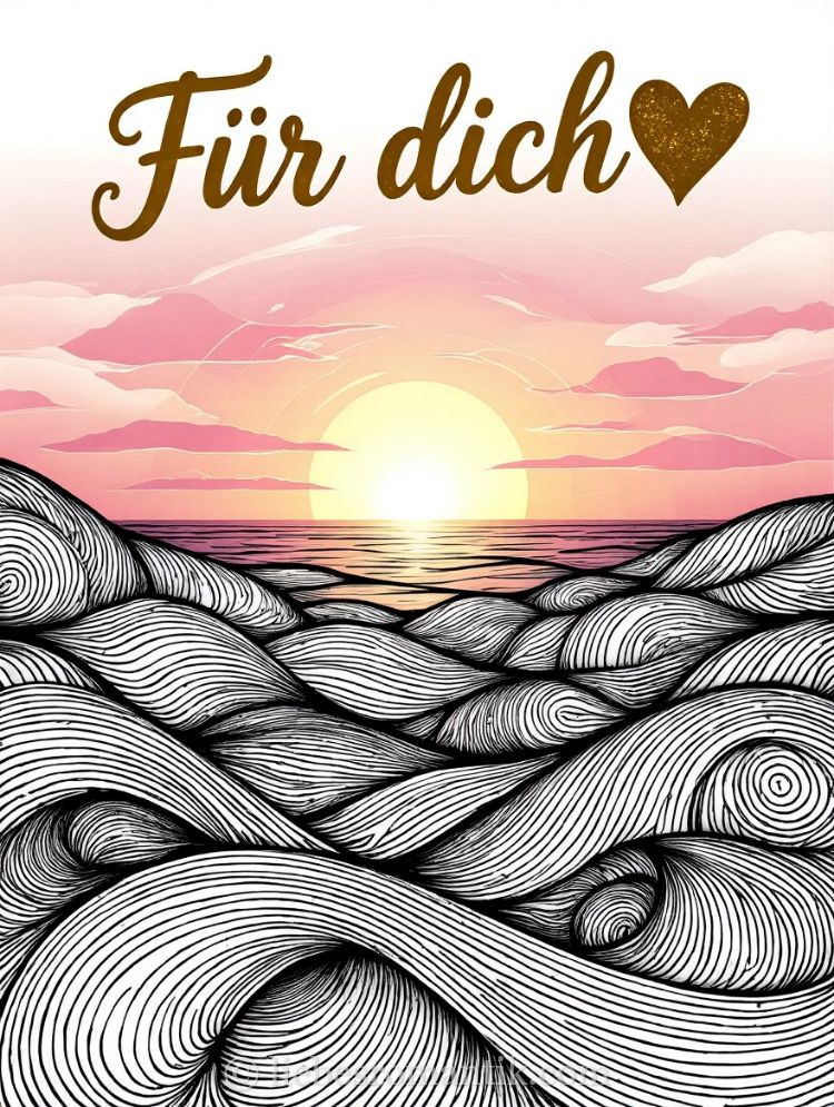 Goldglitzerndes Herz mit „Für dich“ vor rosafarbenem Himmel und schwarz-weißen Wellenstrichen.