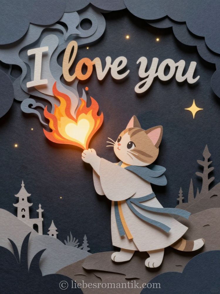 Beige-gestreifter Kater hält brennende Flamme mit Herz, „I love you“ schwebt über ihm.
