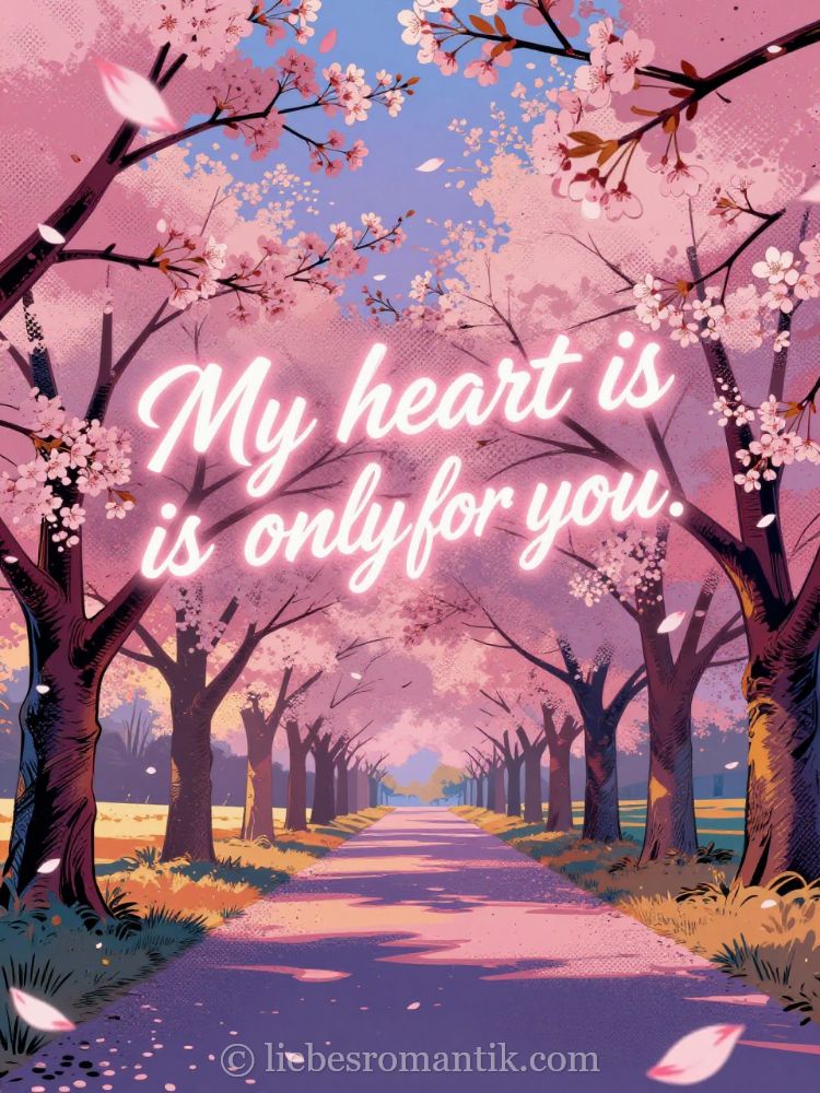 Blühende Kirschblütenallee mit fallenden Blütenblättern und der Aufschrift „My heart is only for you.“