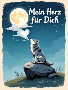 Wolf auf Felsen blickt zum Mond, Herz schwebt in Wolke, Himmel mit Sternen und Schrift „Mein Herz für Dich“