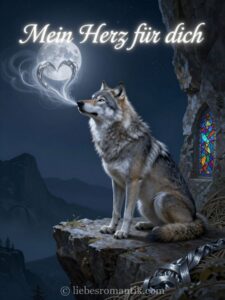 Wolf auf Felsen vor herzförmigem Mond, gotische Fensteröffnung, romantisch-mystisch