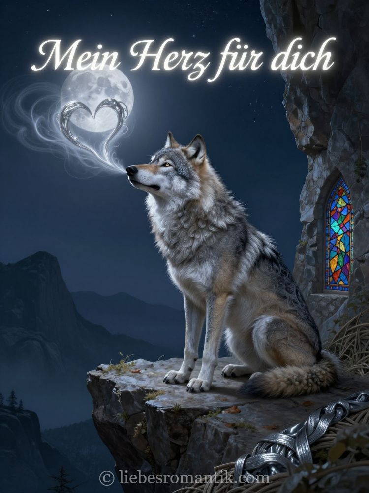 Wolf auf Felsen vor herzförmigem Mond, gotische Fensteröffnung, romantisch-mystisch