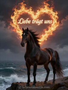 Dunkles Pferd am felsigen Ufer, hinter ihm leuchtet ein flammendes Herz mit der Aufschrift „Liebe trägt uns“.
