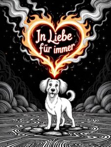 Weißer Hund steht unter brennendem Herz mit „In Liebe für immer“, sternenklarer Himmel